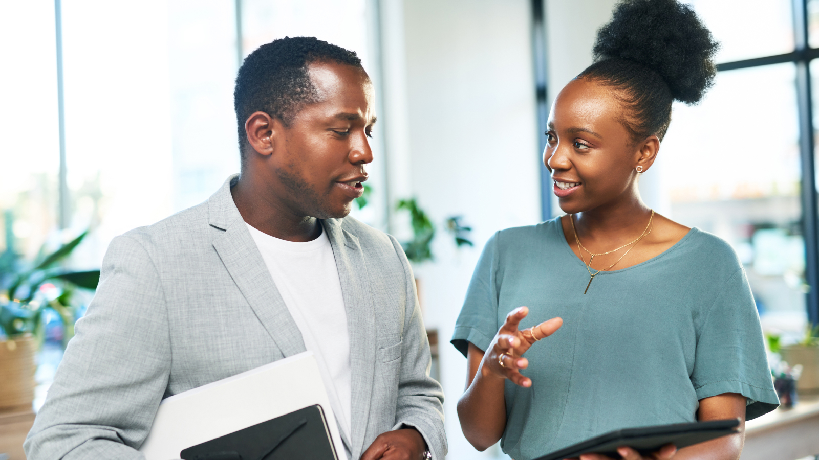 man and woman talking