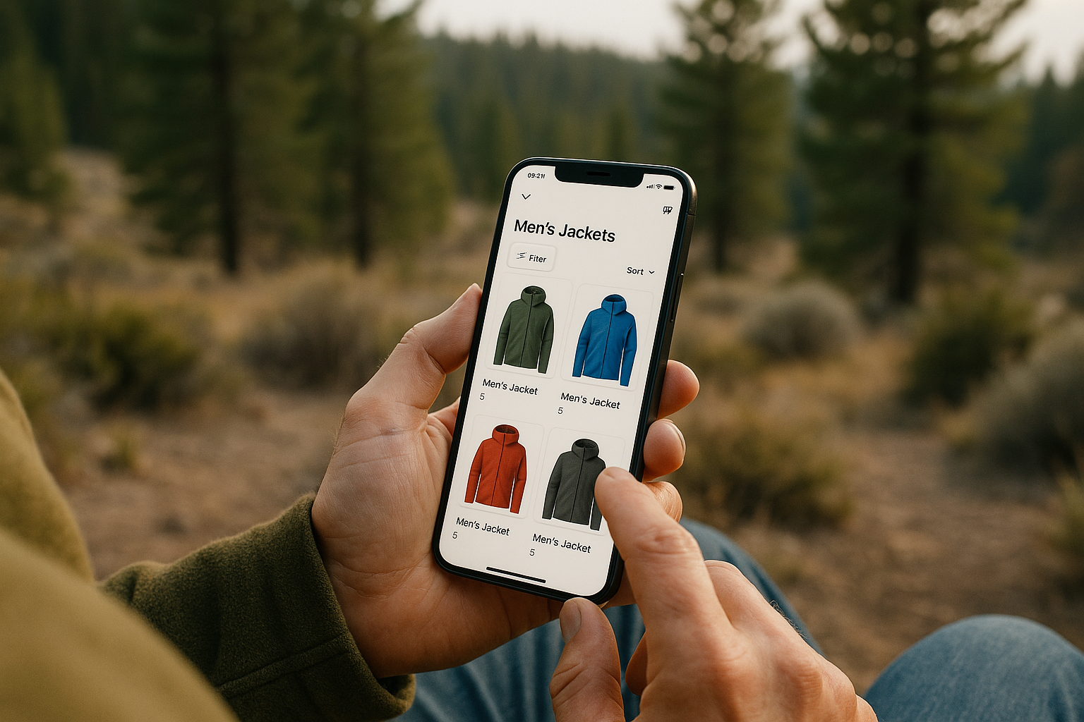 someone shopping a men's jacket landing page on their phone while outdoors