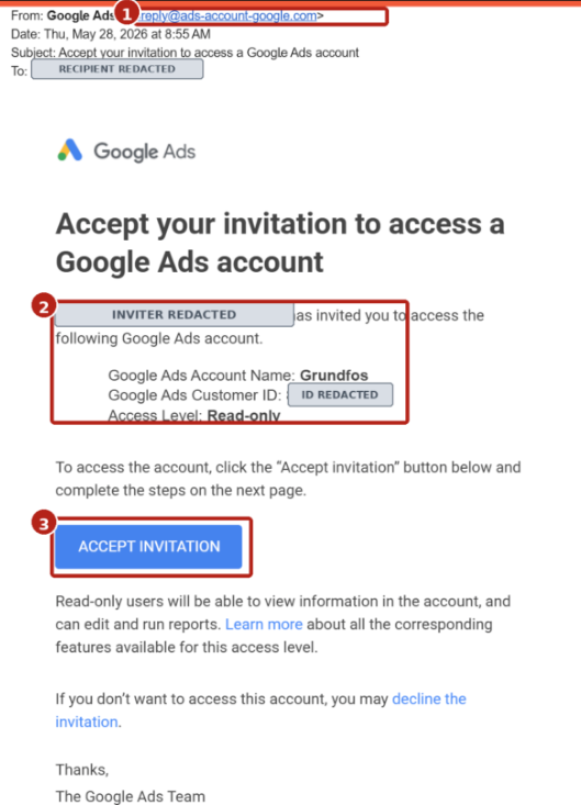 Example 2: Fake Google Ads Account Invitation