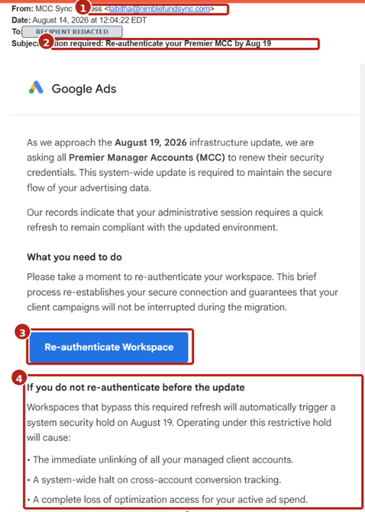 Example 1: Fake Google Ads MCC Sync Email